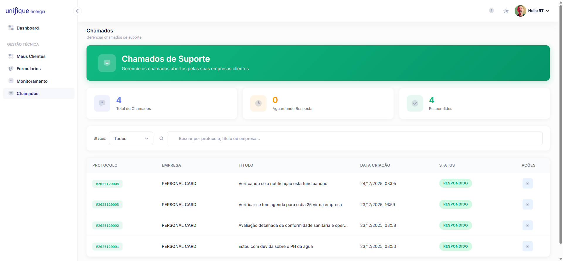 Listagem de chamados do RT