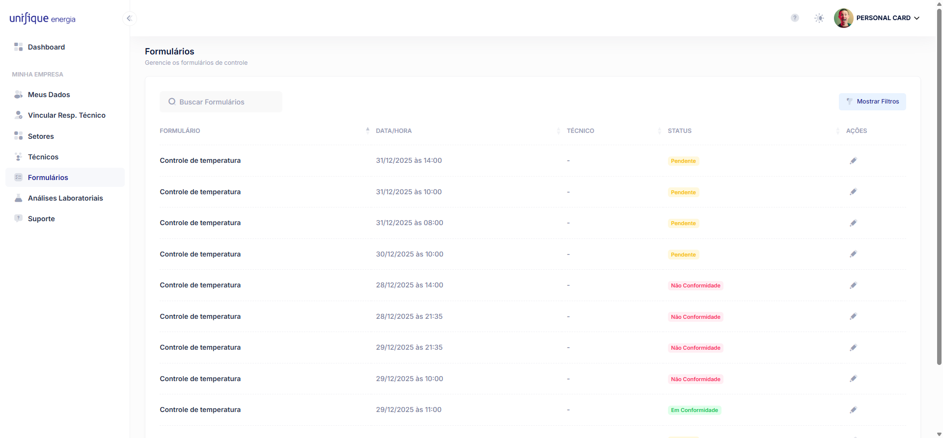 Listagem de formulários