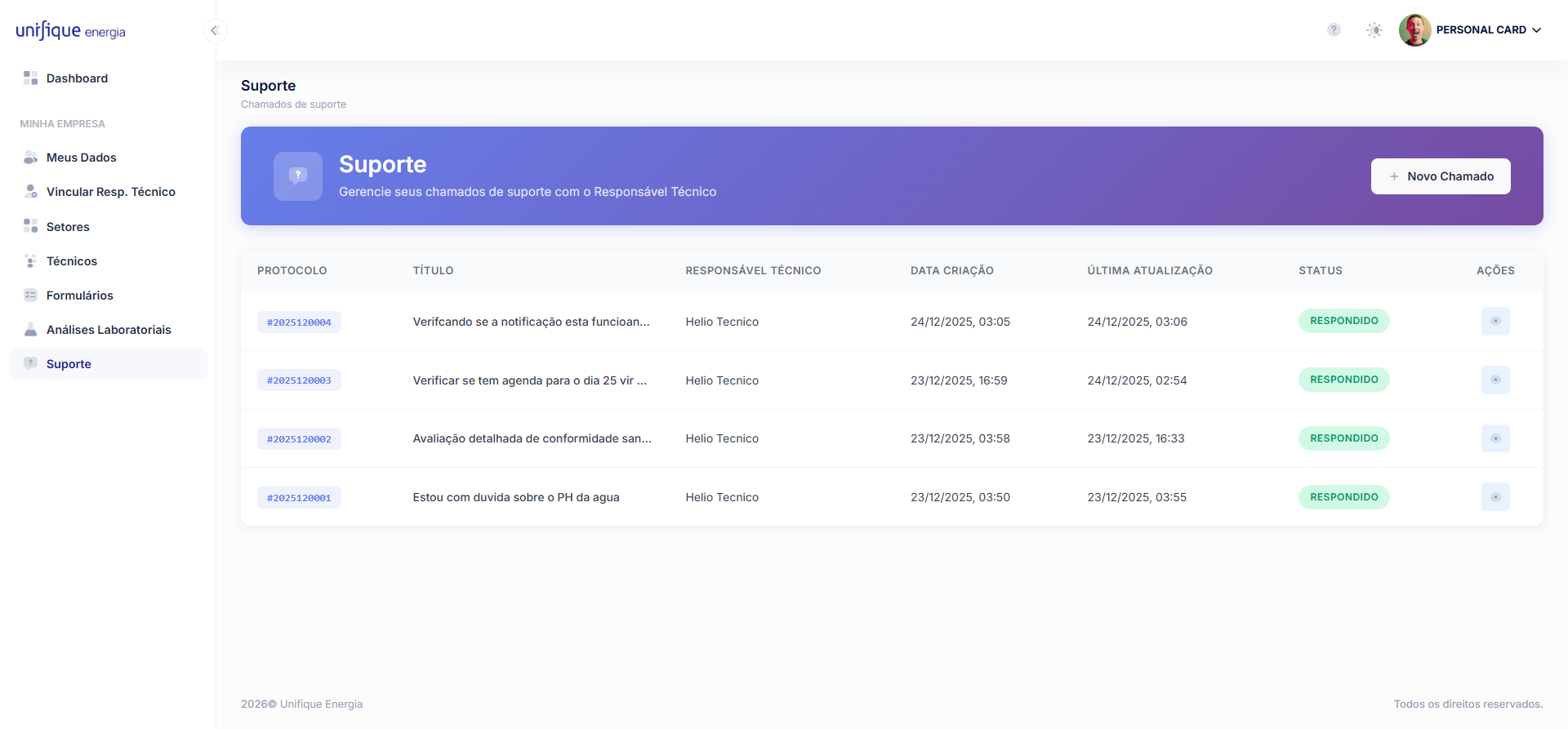 Listagem de chamados
